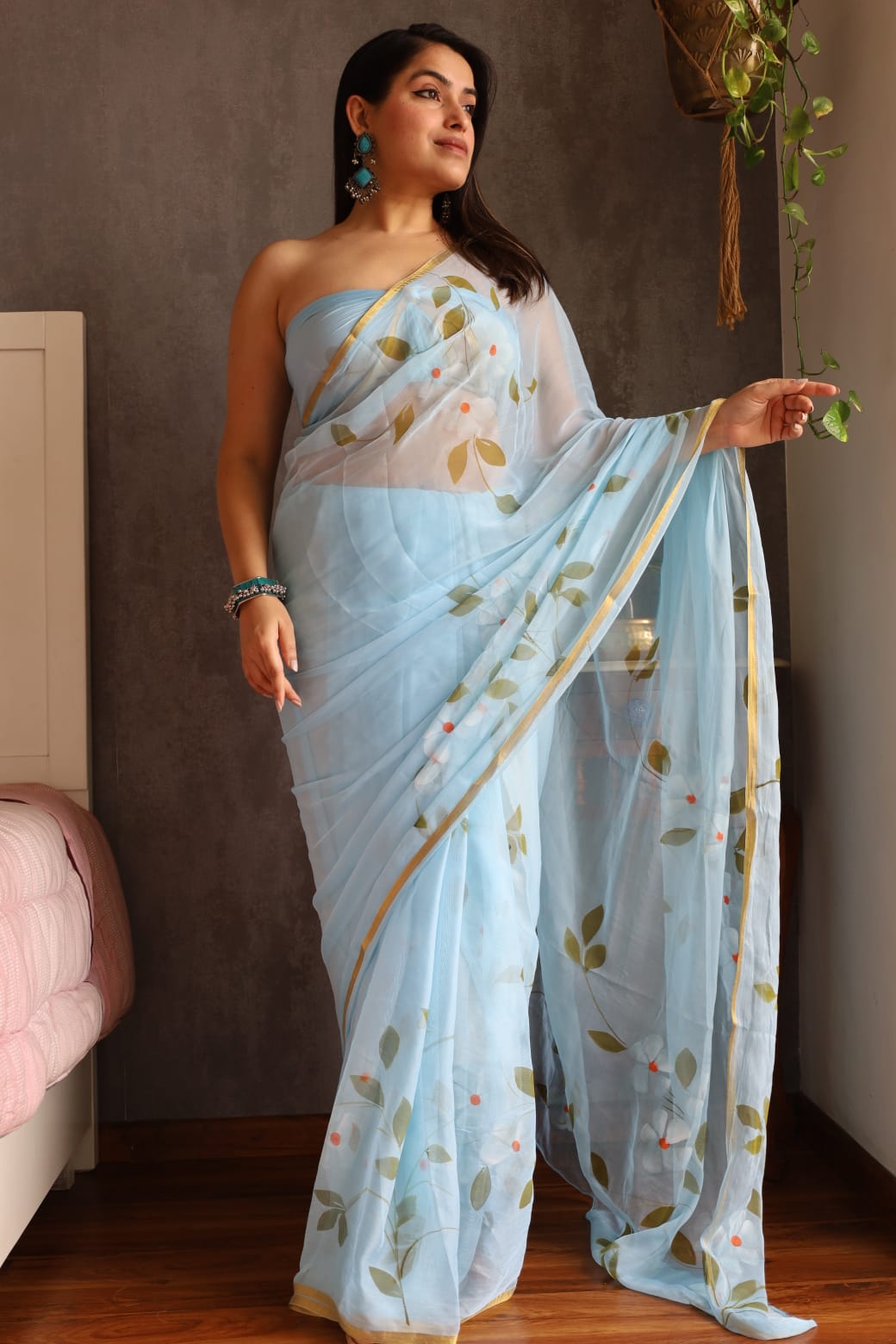Light Blue Chiffon Zari Border Handpainted Saree with Leaf Design – Wholesale Retailers Saree
